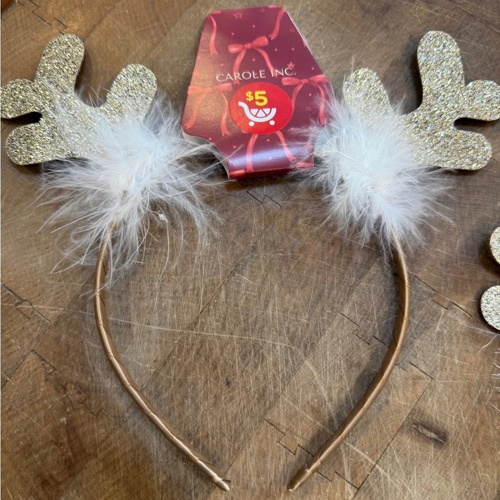 Gold Glitter Reindeer Headband White Feather Trim Christmas Holiday Set of 6